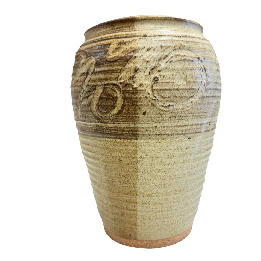 Vintage Studio Pottery Stoneware Vase Hand Carved Ribbed Earth Tones Signed 11in